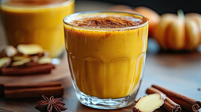 Close-up of pumpkin spice latte in glass with cinnamon, ginger, and star anise.