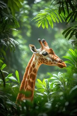 Obraz premium A giraffe peeks through lush green foliage in a vibrant, natural setting.