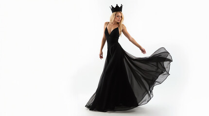 blonde woman in long black dress and black crown on white background mockup with empty space for text or design