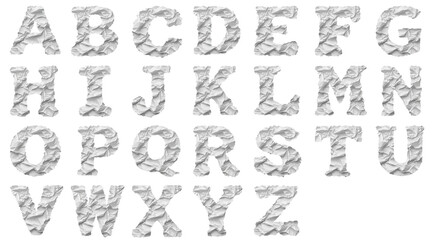 Crumpled white paper alphabet letters a to z clipart on transparent background