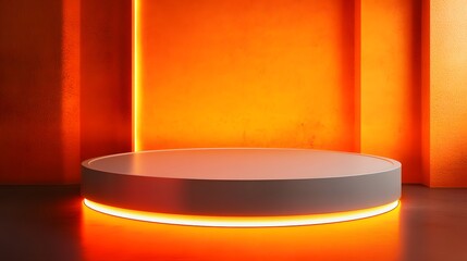 A cylindrical podium with a shiny white surface and an empty display area, set on a vibrant orange background.