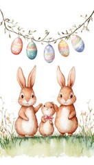 Obraz premium A charming illustration of three rabbits with Easter eggs above them.
