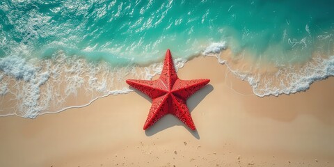 Starfish on the Shoreline: A single red starfish rests on a pristine sandy beach, kissed by the gentle lapping of turquoise waves.