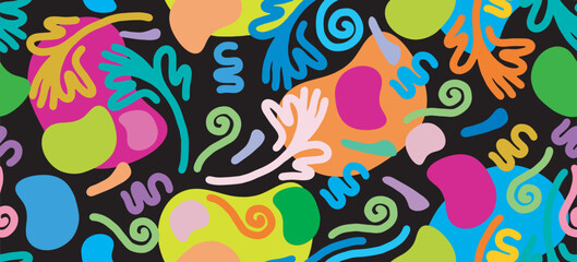 Fun flower line doodle seamless pattern for kids birthday party or celebration background, trendy design with scribble shapes on yellow backdrop.