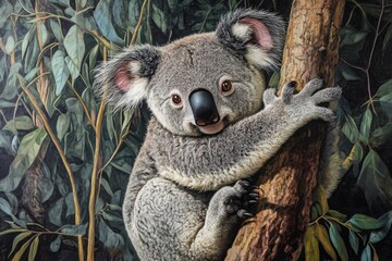 Fototapeta premium A close-up of a koala clinging to a tree amidst green foliage.