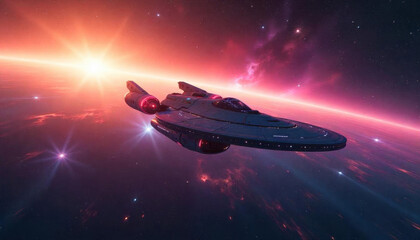 Obraz premium Vast cosmic expanse, luminous galaxies glowing, nebulae swirling with vivid colors, sleek Star Trek-inspired spaceship, futuristic design, exploring uncharted space, shimmering starlight, deep space 7
