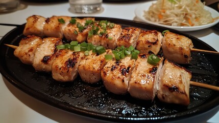 Grilled Chicken Skewers with Green Onions on Sizzling Plate
