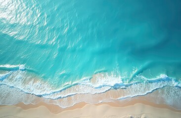 Aerial View of Turquoise Ocean Waves Crashing on Sandy Beach 