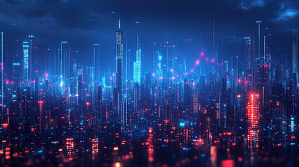 Fototapeta premium Financial Technology Trends in Blue Graphs Over Cyber Cityscapes