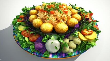 A vibrant salad platter featuring various vegetables, garnishes, and fried balls.