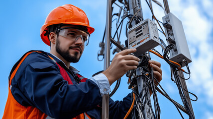 Technician working with colorful fiber optic cables, showcasing complex network infrastructure and telecommunication technology, highlighting hands-on construction and glowing data connections
