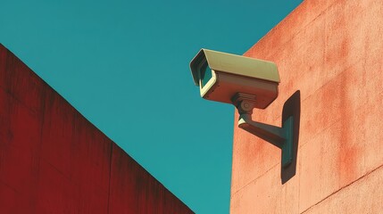 Surveillance Camera Mounted on Red Wall Against Clear Blue Sky