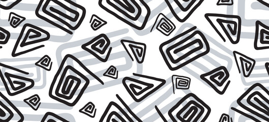 unique line doodle seamless pattern for kids birthday party or celebration background, trendy design with scribble shapes on blue backdrop.