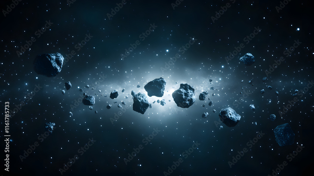 Poster a stunning image showcasing the asteroid belt in outer space
