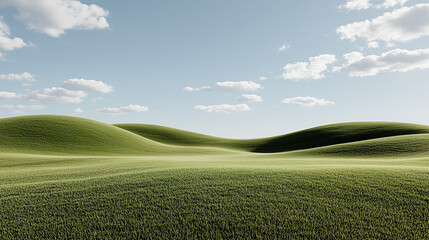 Obraz premium Lush green hills under clear sky with fluffy clouds create serene landscape