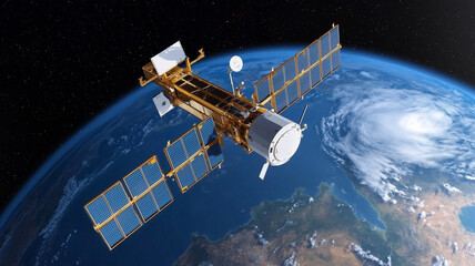 Obraz premium Satellite Orbiting Earth: Symbolizing Global Communication and Data Transmission 