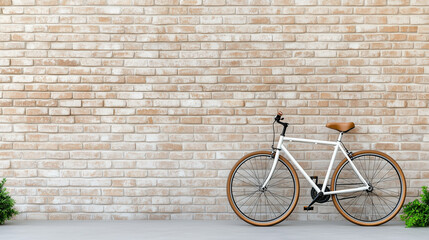 Fototapeta premium Modern bicycle against textured brick wall with greenery accents