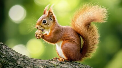 Obraz premium Adorable Red Squirrel Enjoying a Nut in a Lush Green Forest