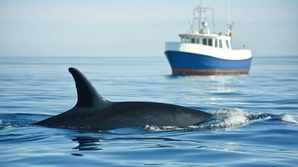 Fototapeta premium A fin whale swimming alongside a boat, with its dorsal fin visible.