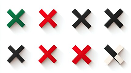 Obraz premium Eight cross symbols in green, red, and black colors with drop shadows on white background.