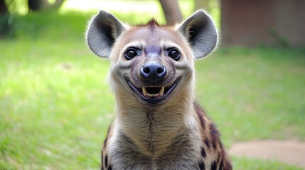 A close-up of a smiling hyena in a green outdoor setting.