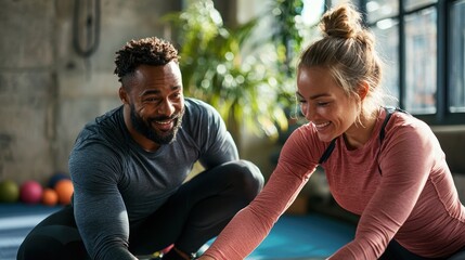 A fitness trainer guiding a client through post-workout stretches for proper recovery.