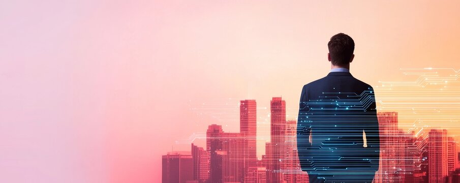 A silhouetted businessman gazes at a city skyline, symbolizing ambition and future possibilities against a vibrant, colorful backdrop.