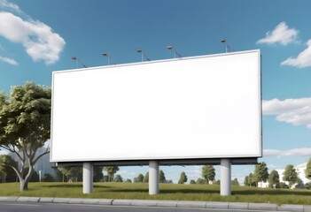 Obraz premium Empty billboard providing advertising space next to a road with green grass, trees, and a blue sky