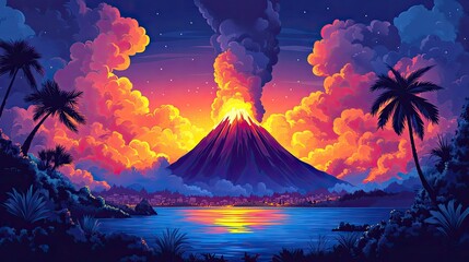 Erupting volcano at sunset over tropical island, vibrant colors, palm trees, ocean.