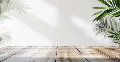Empty wooden table with sunlight and tropical leaves.