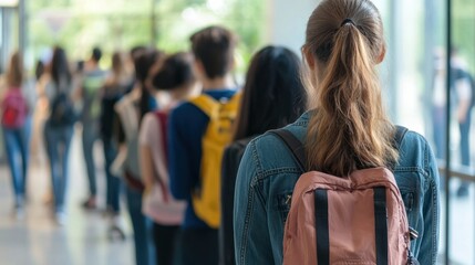 Students lining up at a college admissions office to submit their applications.