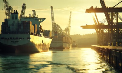 Cargo ships docked at a port during sunset, showcasing industrial activity.