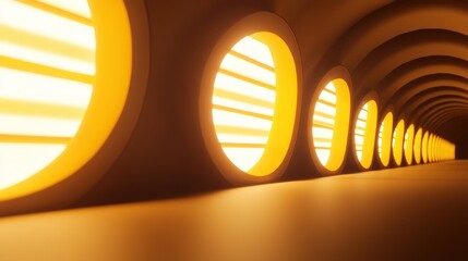 Abstract orange tunnel with round windows emitting warm light.