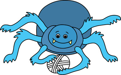 A happy blue spider smiles and holds a white ball of web in its paws