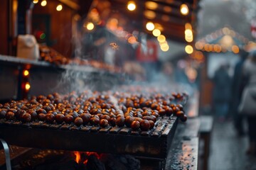 Obraz premium Roasted chestnuts, street food in winter at a market at night