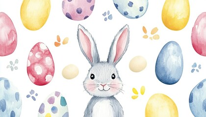 A cute rabbit surrounded by colorful Easter eggs, evoking a festive and playful mood.