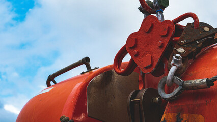 Industrial heavy duty ship marine metal equipment cables oil ropes bolts close up details...