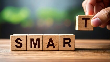 A hand adjusts wooden blocks spelling "SMART," emphasizing the theme of intelligence and learning in a creative setting.