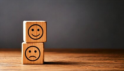 Two wooden blocks displaying a smiley face and a sad face, symbolizing emotions and their contrasts, set against a simple dark background.