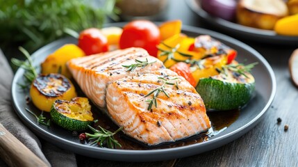 Grilled Salmon Fillet with Colorful Vegetables on Plate