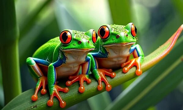 A pair of tiny green tree frogs perched on a tropical plant with water droplets, vibrant and lively