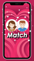 Couple man and woman matching on a dating app with magenta background decorated with stars and hearts