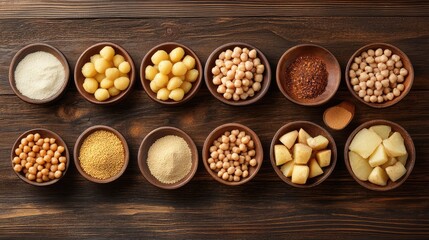 Fototapeta premium Diverse Selection of Raw Ingredients in Bowls on Wooden Tabletop