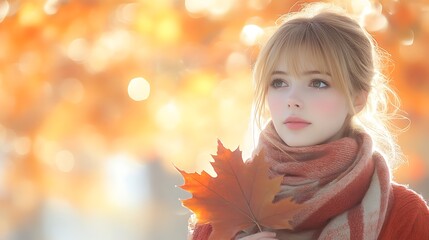 Young Woman Holding Autumn Leaf in Golden Light