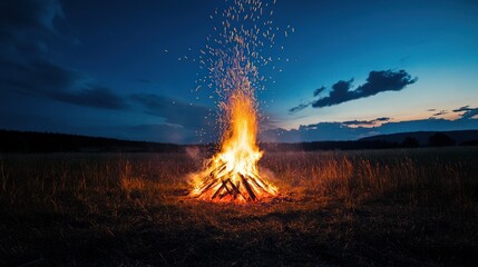 Night Bonfire in the Field Underneath Starry Sky