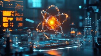 A highly magnified atom surrounded by scientific instruments and glowing screens in a cutting-edge lab.