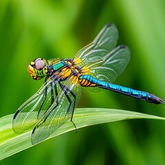 Colorful Dragonfly Perched on Green Leaf in Natural Habitat