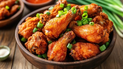 Fototapeta premium Crispy Chicken Wings Served with Fresh Green Onions and Sauce