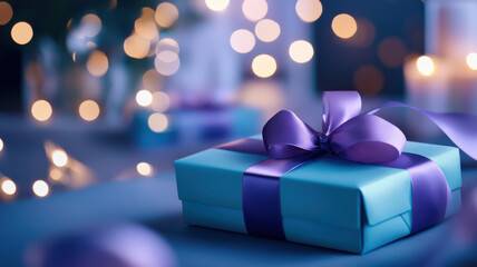 Gift box with purple ribbon in festive setting
