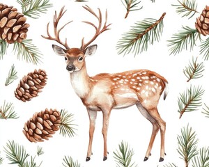 A deer surrounded by pine branches and cones, showcasing a natural, woodland theme.